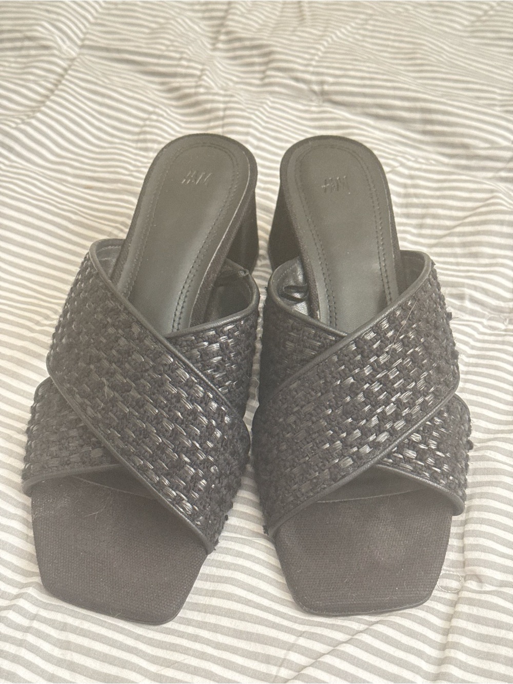 H&M Black Woven Cross Strap Slide Mules